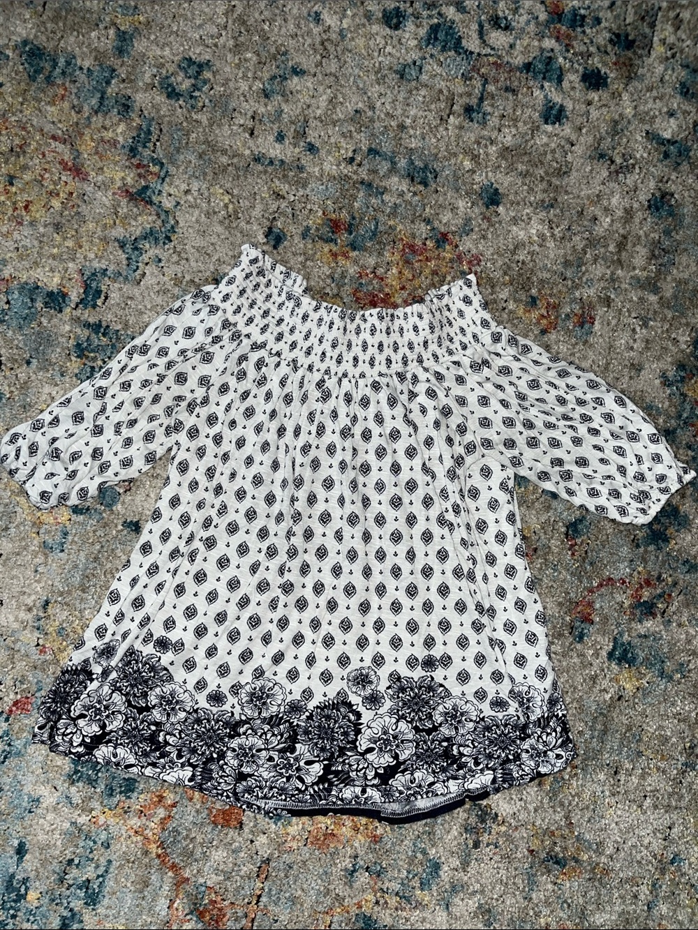 Wax Jean White and Black Off-Shoulder Printed Tunic Top
